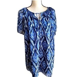Talbots Top Blue Ikat Diamond Pattern Tie Neck Floaty Short Sleeves size 1X